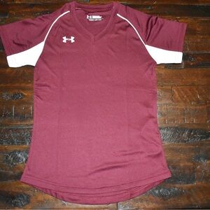 Under Armour Maroon and White Athletic Dry Fit Youth Shirt Size Small EUC